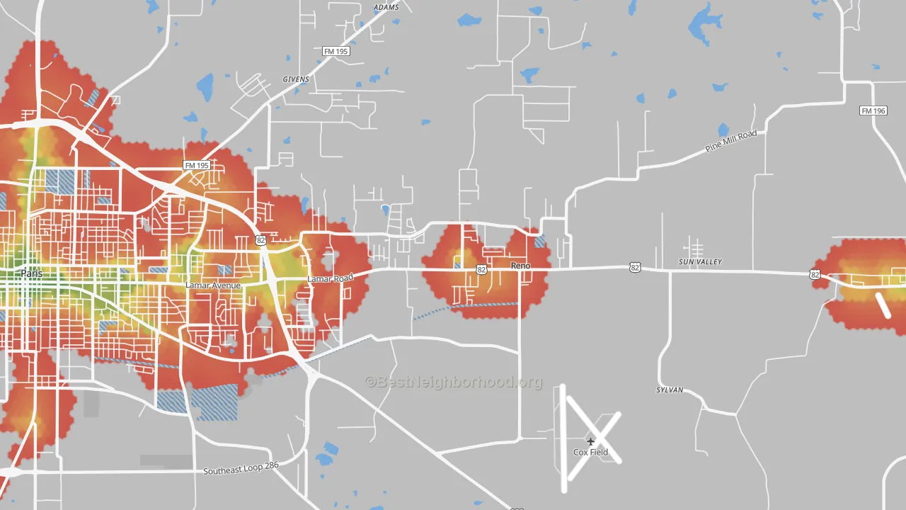 Walk Grade map of Reno, TX, walkable areas in green and car-dependent areas in red