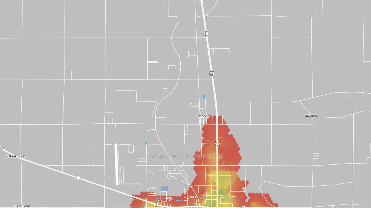 Walk Grade map of Renova, MS, walkable areas in green and car-dependent areas in red