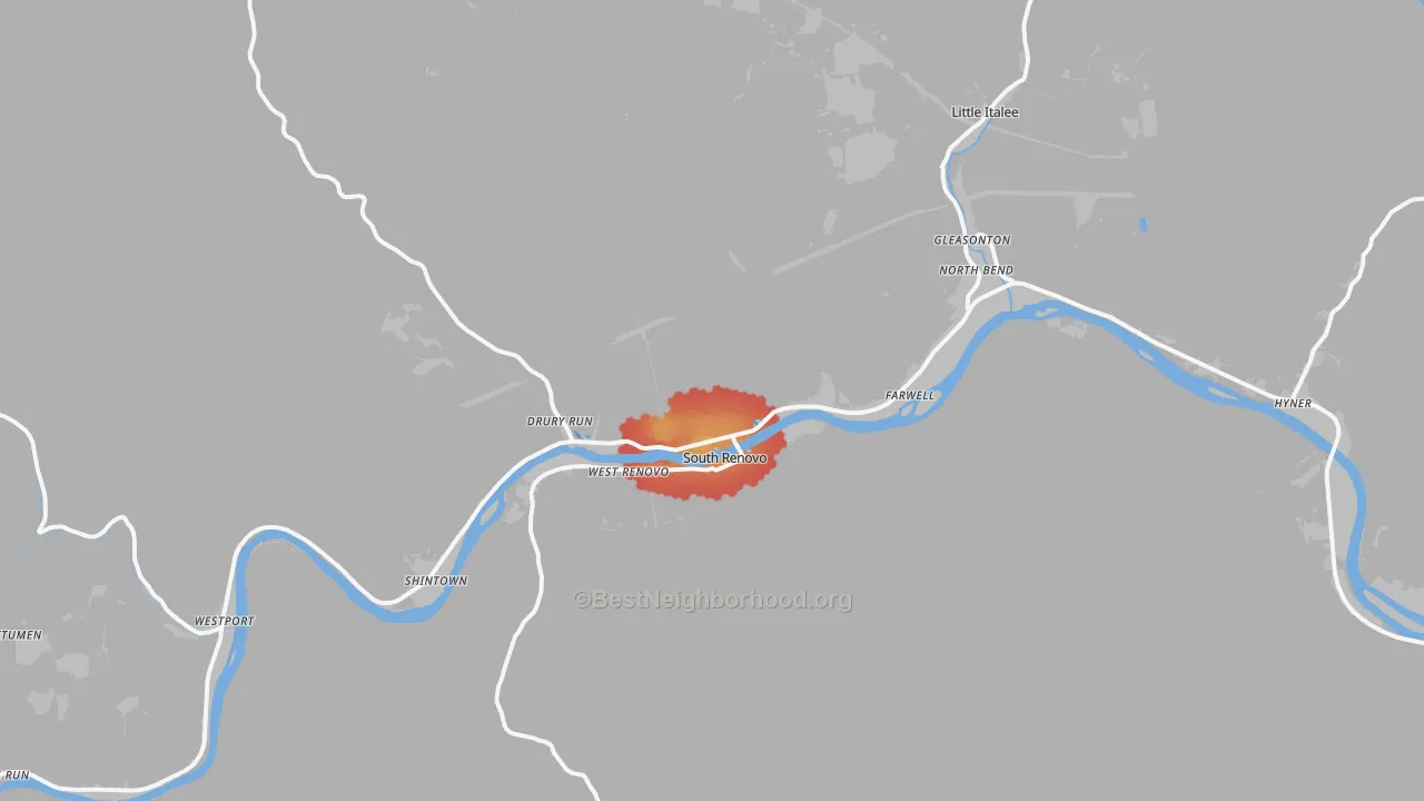 Walk Grade map of Renovo, PA, walkable areas in green and car-dependent areas in red