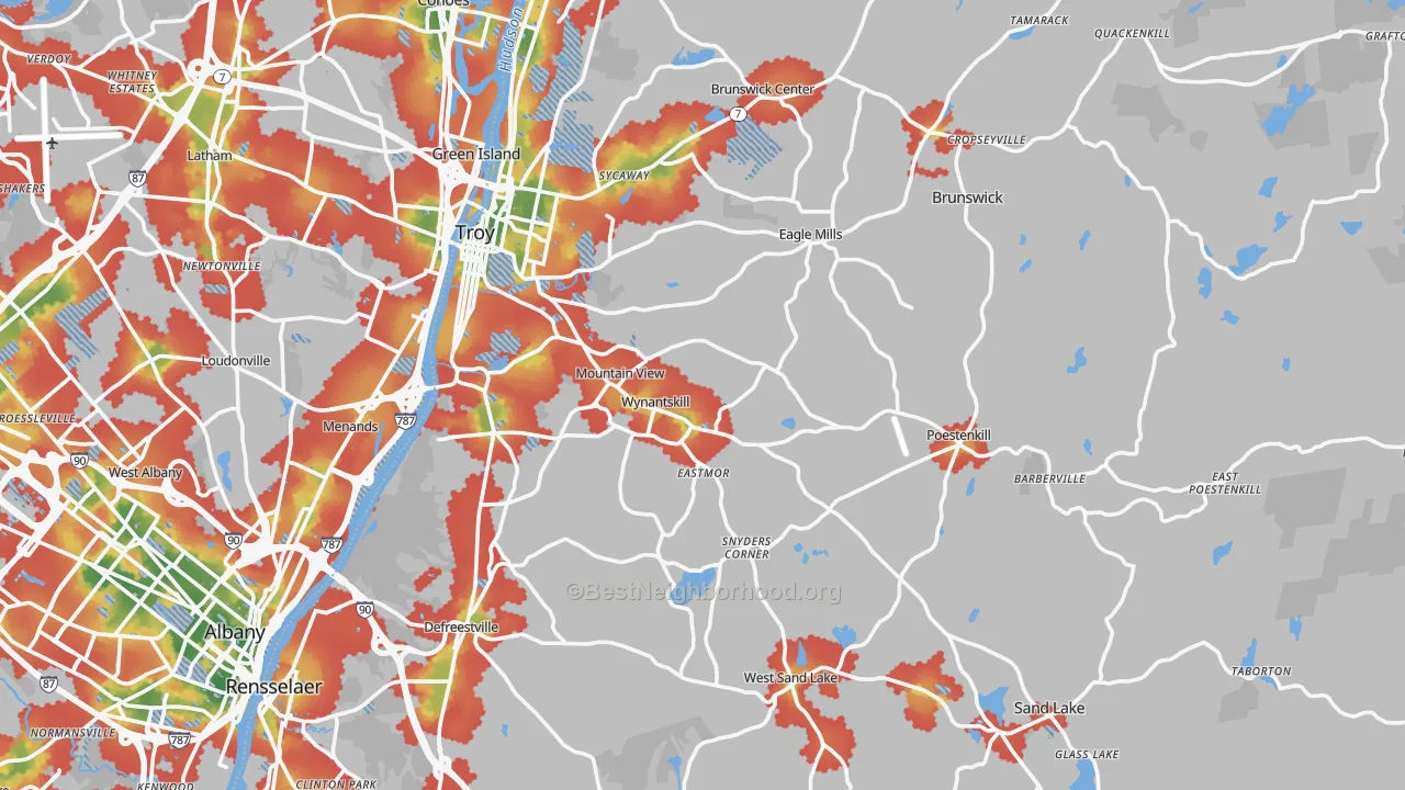 Walk Grade map of Rensselaer County, NY, walkable areas in green and car-dependent areas in red