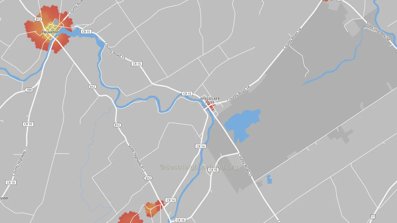 Walk Grade map of Rensselaer Falls, NY, walkable areas in green and car-dependent areas in red