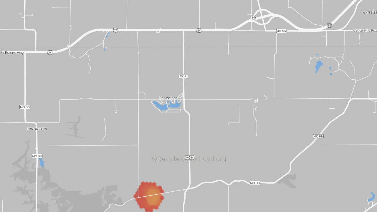 Walk Grade map of Rensselaer, MO, walkable areas in green and car-dependent areas in red