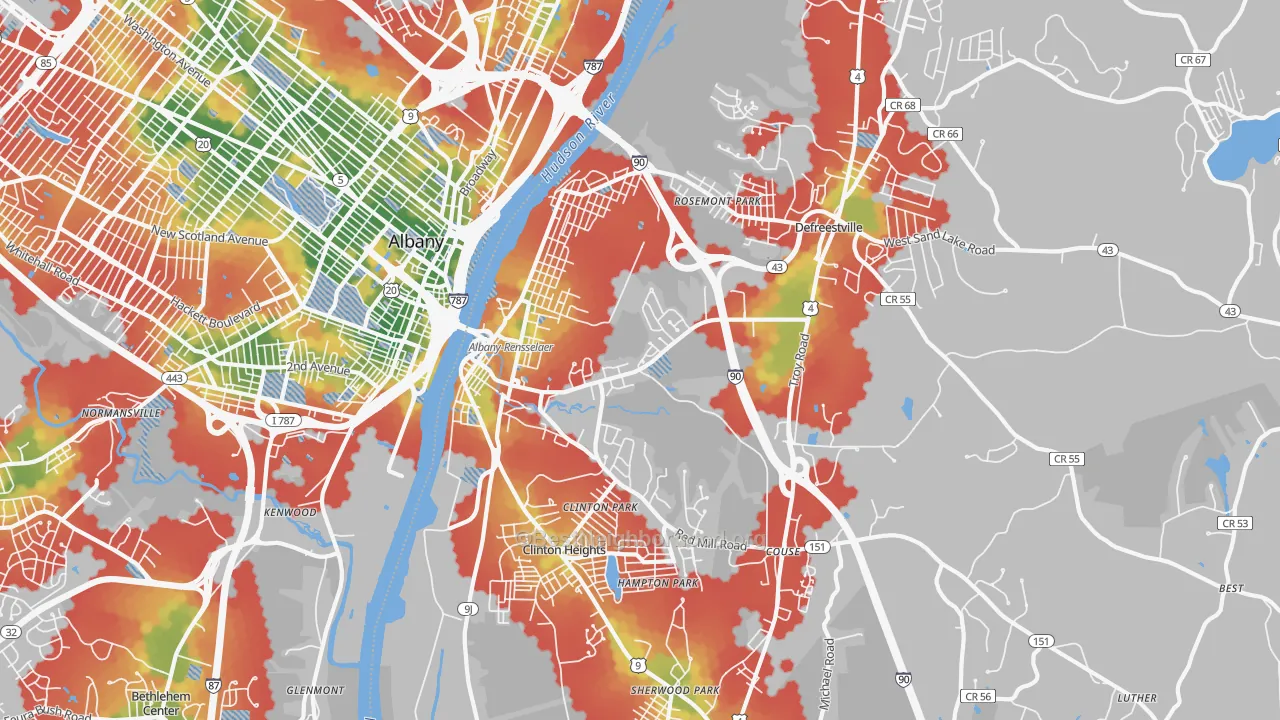 Walk Grade map of Rensselaer, NY, walkable areas in green and car-dependent areas in red