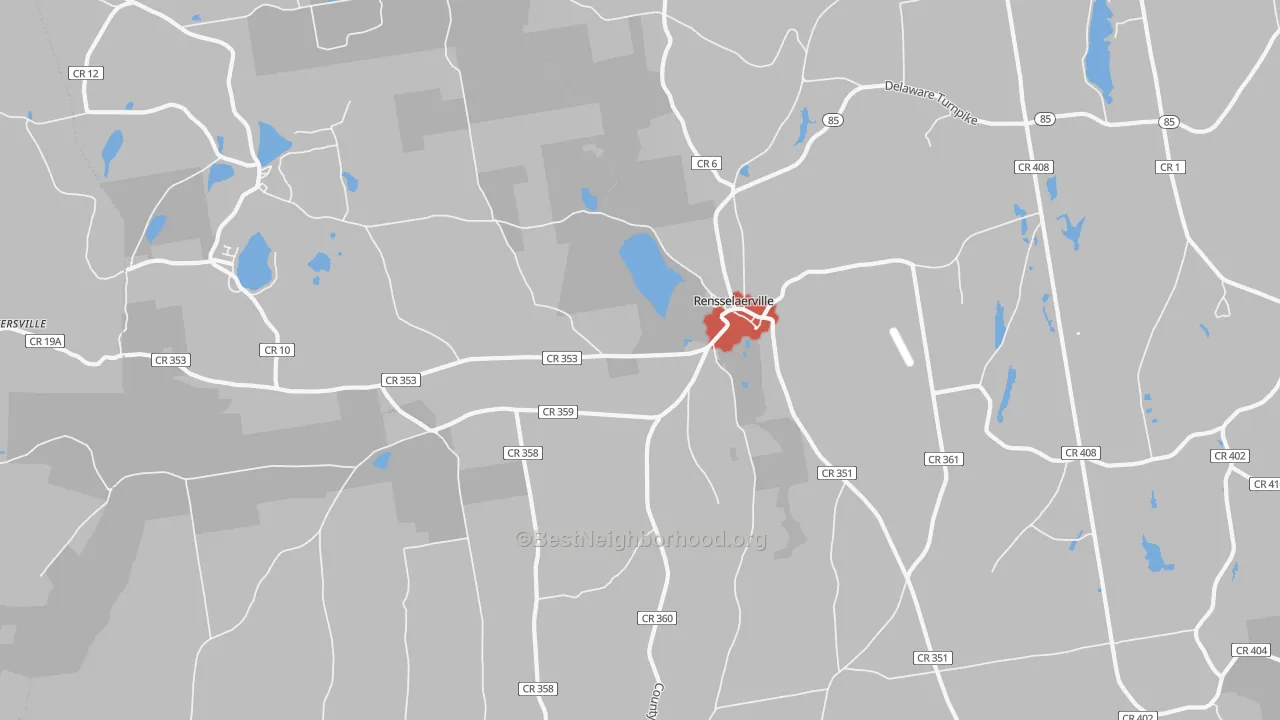 Walk Grade map of Rensselaerville, NY, walkable areas in green and car-dependent areas in red