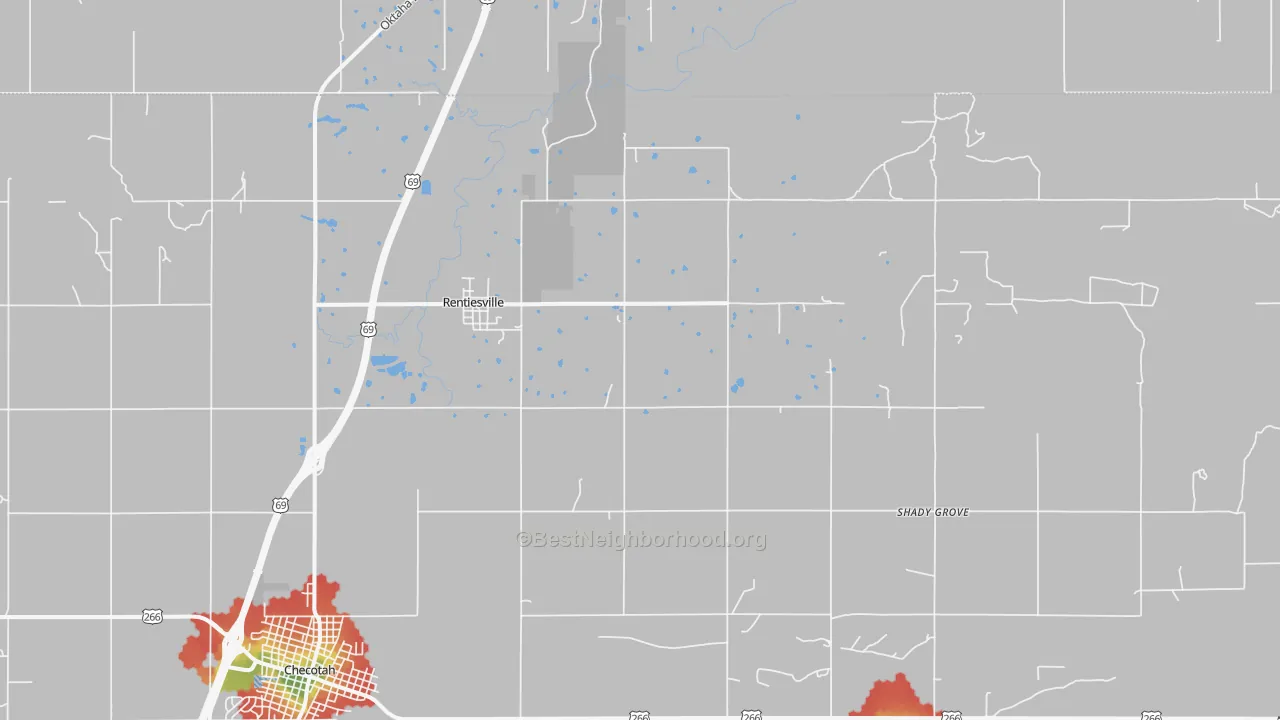 Walk Grade map of Rentiesville, OK, walkable areas in green and car-dependent areas in red
