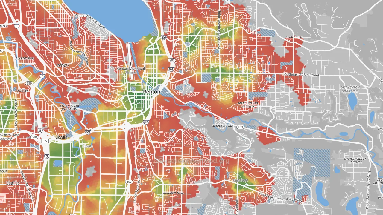 Walk Grade map of Renton, WA, walkable areas in green and car-dependent areas in red
