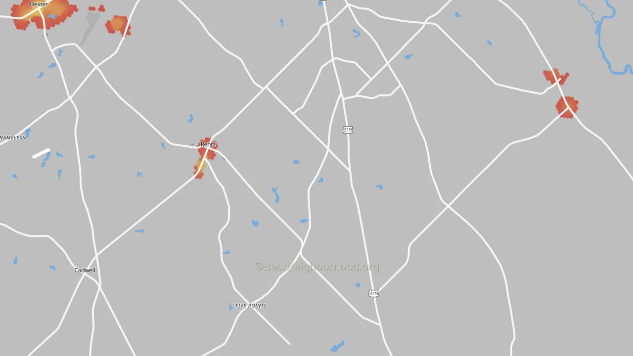 Walk Grade map of Rentz, GA, walkable areas in green and car-dependent areas in red