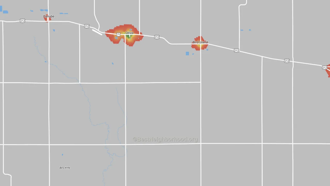 Walk Grade map of Renville County, MN, walkable areas in green and car-dependent areas in red