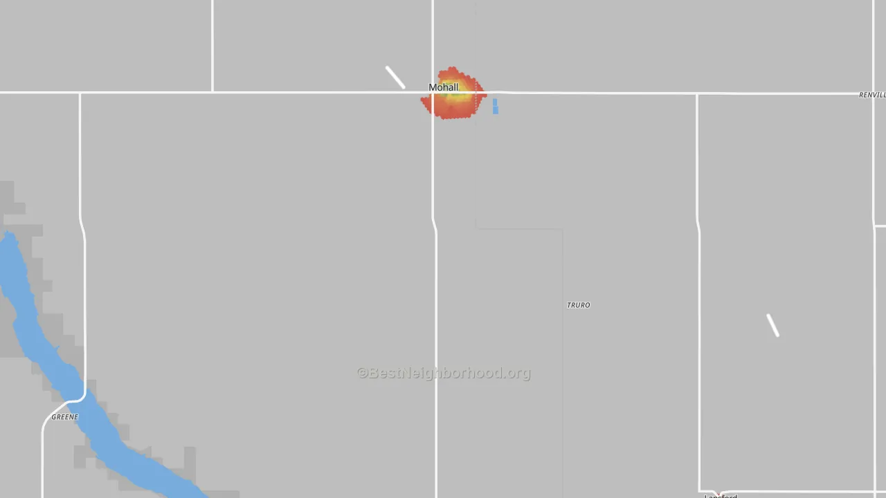 Walk Grade map of Renville County, ND, walkable areas in green and car-dependent areas in red