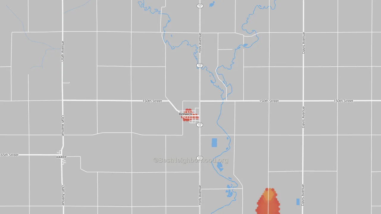 Walk Grade map of Renwick, IA, walkable areas in green and car-dependent areas in red