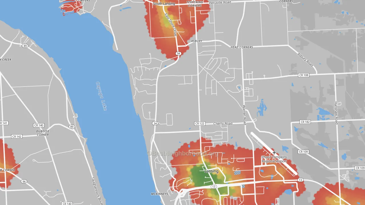 Walk Grade map of Renwick, NY, walkable areas in green and car-dependent areas in red