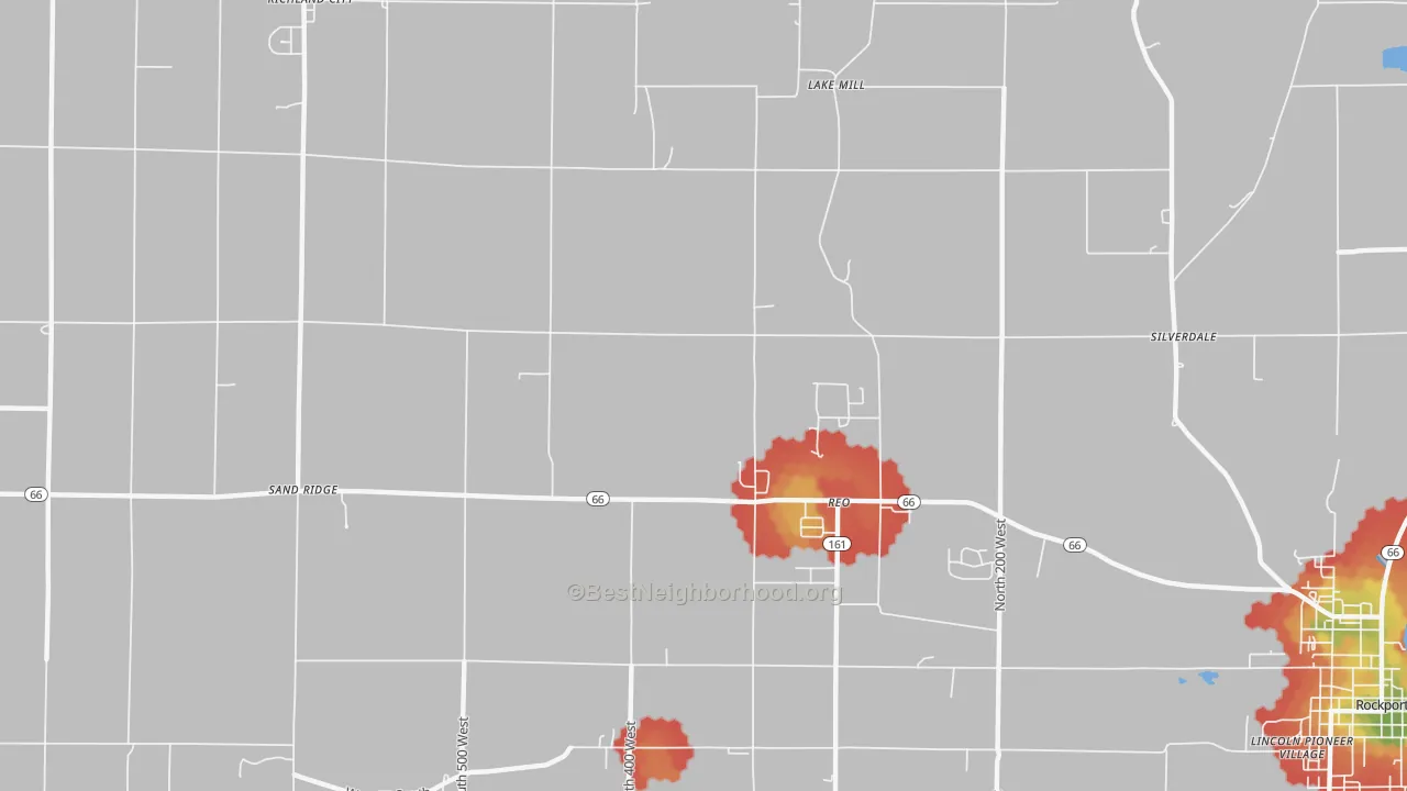 Walk Grade map of Reo, IN, walkable areas in green and car-dependent areas in red