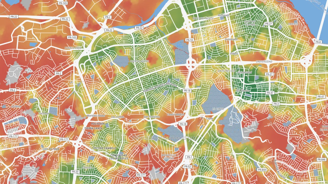 Walk Grade map of Reparto Metropolitano, San Juan, PR, walkable areas in green and car-dependent areas in red
