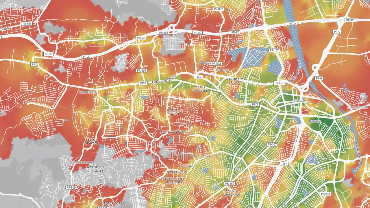 Walk Grade map of Reparto Valencia, Bayamon, PR, walkable areas in green and car-dependent areas in red