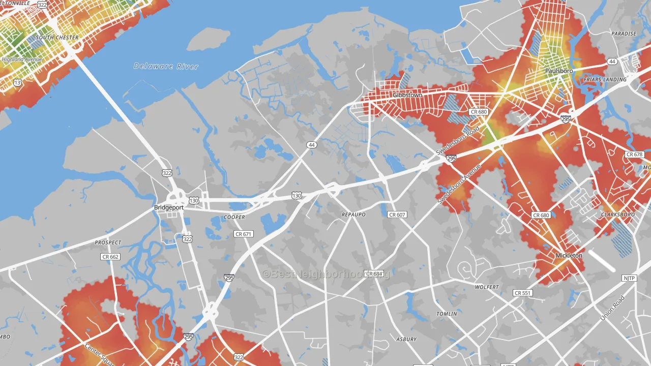 Walk Grade map of Repaupo, NJ, walkable areas in green and car-dependent areas in red
