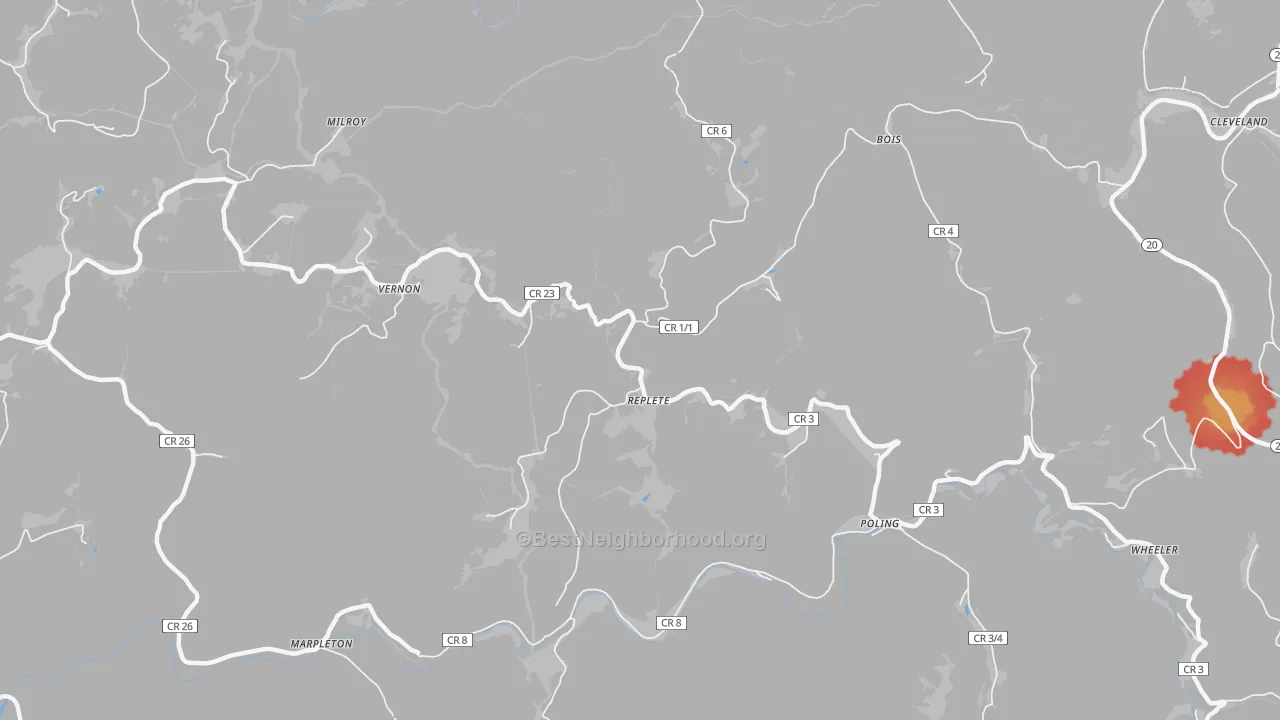 Walk Grade map of Replete, WV, walkable areas in green and car-dependent areas in red