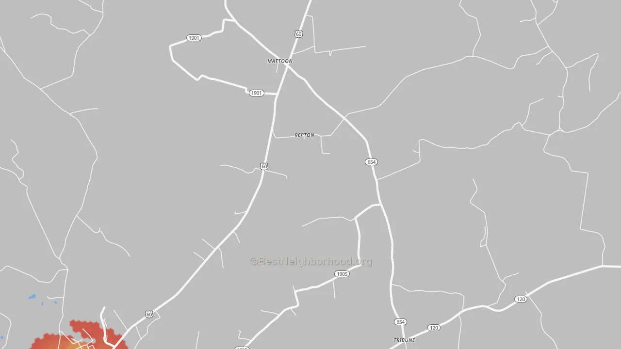 Walk Grade map of Repton, KY, walkable areas in green and car-dependent areas in red