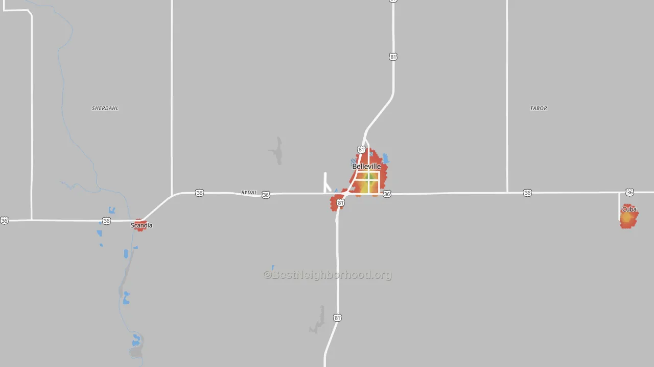 Walk Grade map of Republic County, KS, walkable areas in green and car-dependent areas in red