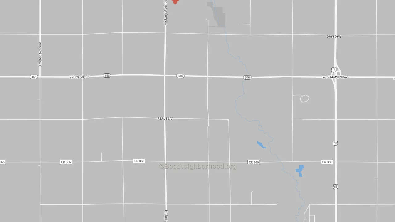 Walk Grade map of Republic, IA, walkable areas in green and car-dependent areas in red