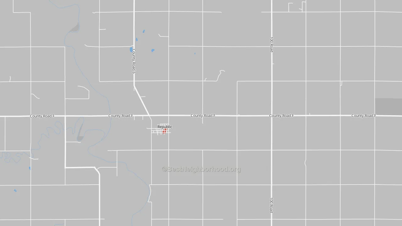 Walk Grade map of Republic, KS, walkable areas in green and car-dependent areas in red