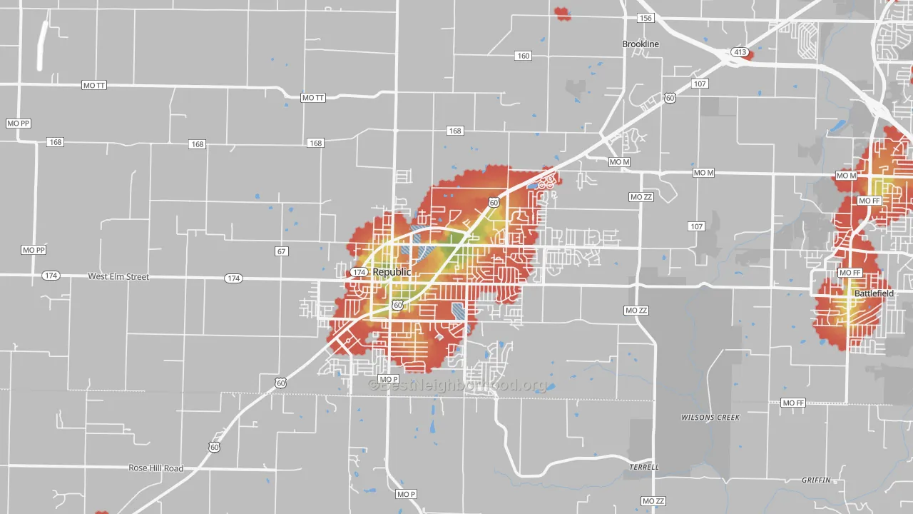 Walk Grade map of Republic, MO, walkable areas in green and car-dependent areas in red