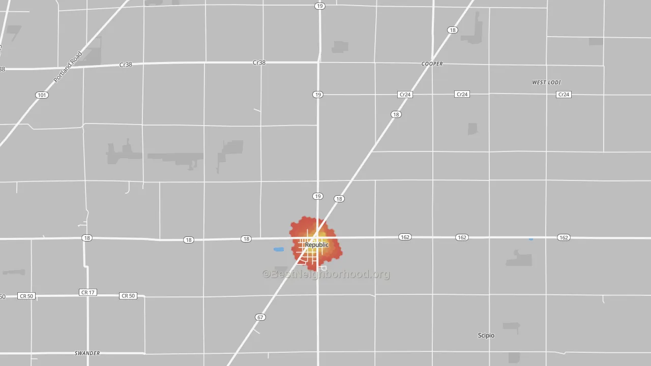 Walk Grade map of Republic, OH, walkable areas in green and car-dependent areas in red