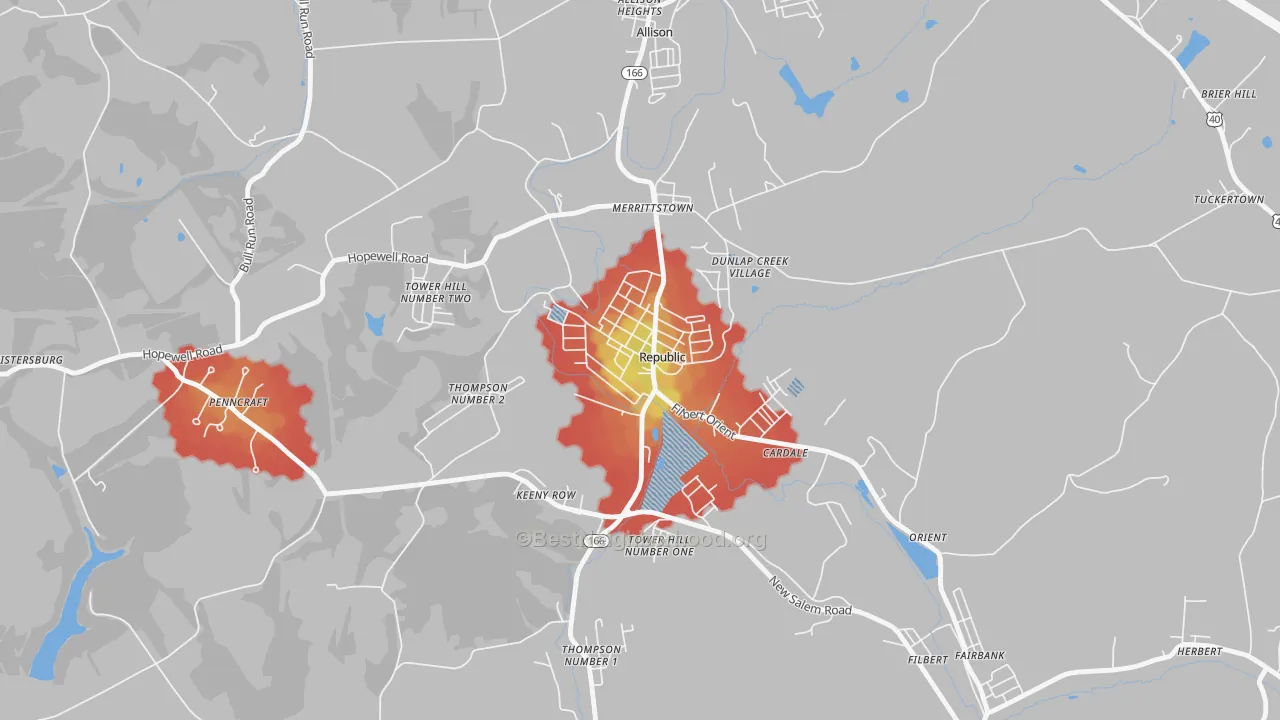 Walk Grade map of Republic, PA, walkable areas in green and car-dependent areas in red