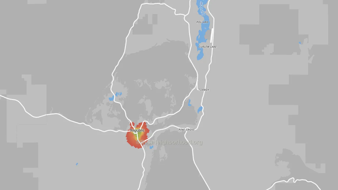 Walk Grade map of Republic, WA, walkable areas in green and car-dependent areas in red