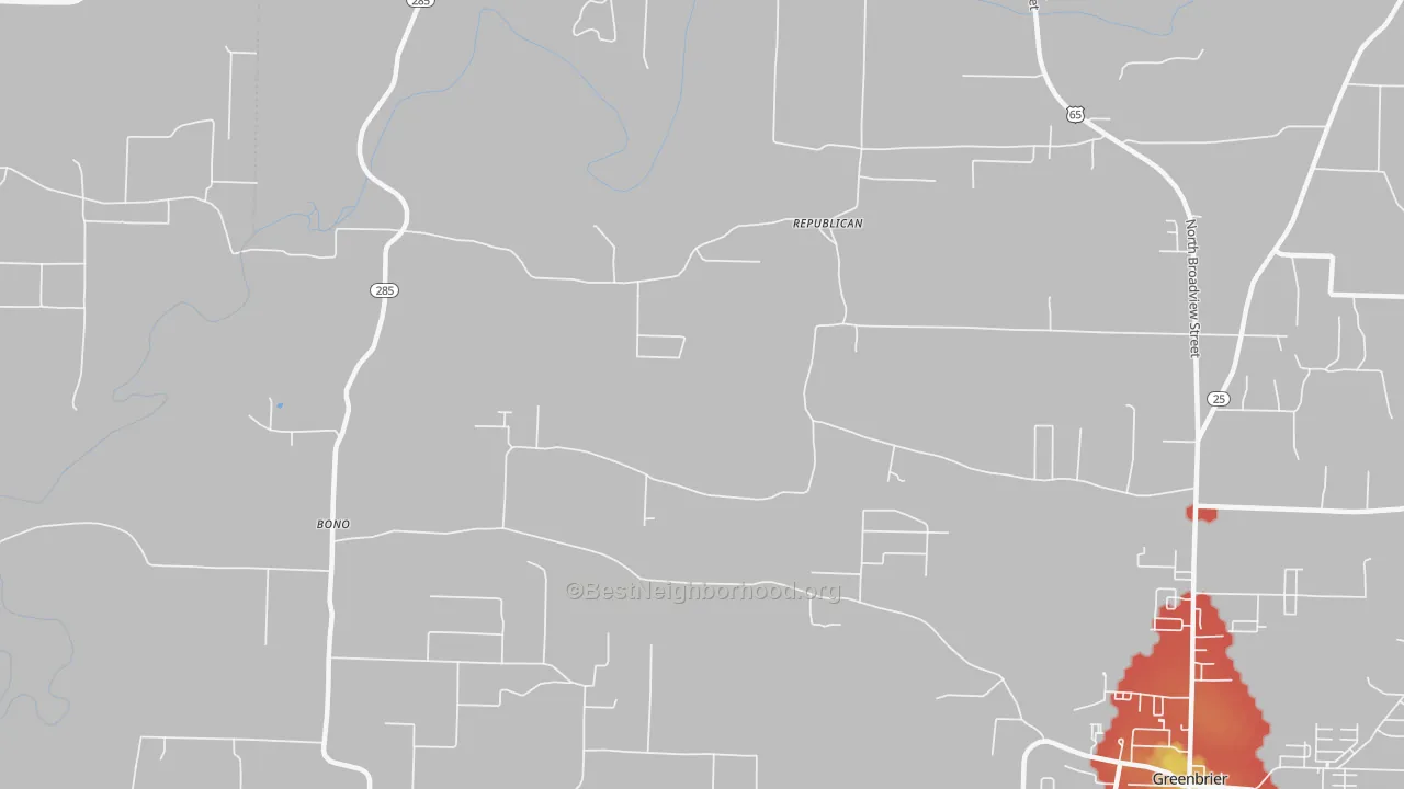 Walk Grade map of Republican, AR, walkable areas in green and car-dependent areas in red