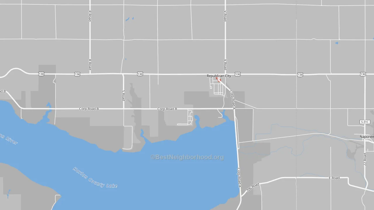 Walk Grade map of Republican City, NE, walkable areas in green and car-dependent areas in red
