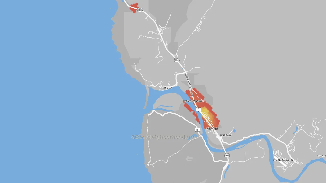 Walk Grade map of Requa, CA, walkable areas in green and car-dependent areas in red
