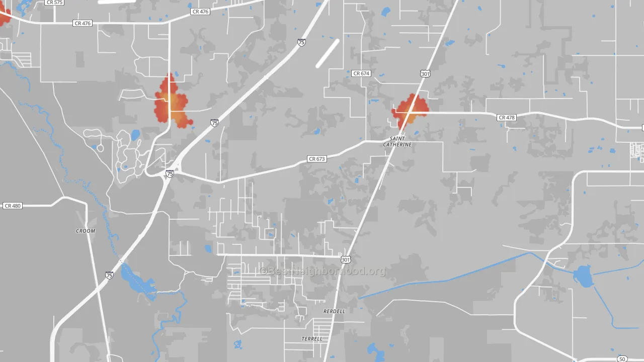 Walk Grade map of Rerdell, FL, walkable areas in green and car-dependent areas in red