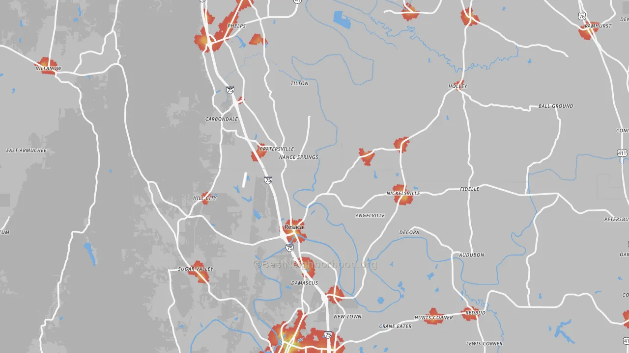 Walk Grade map of Resaca, GA, walkable areas in green and car-dependent areas in red