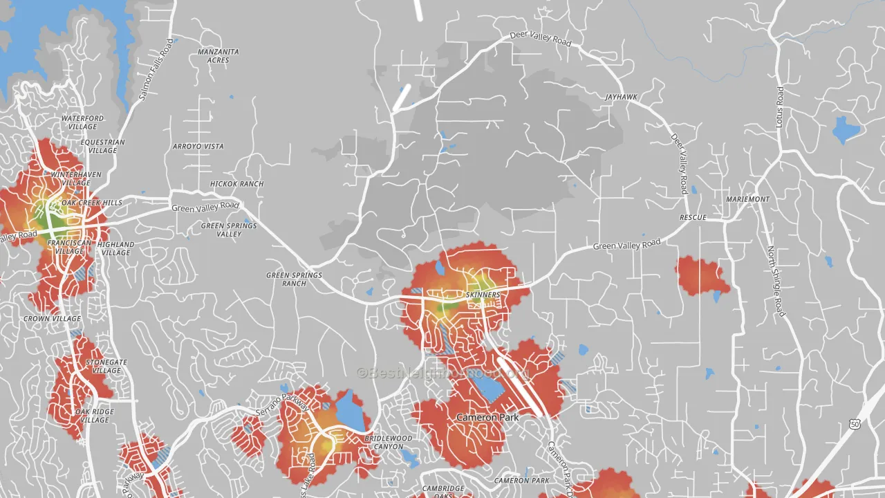 Walk Grade map of Rescue, CA, walkable areas in green and car-dependent areas in red