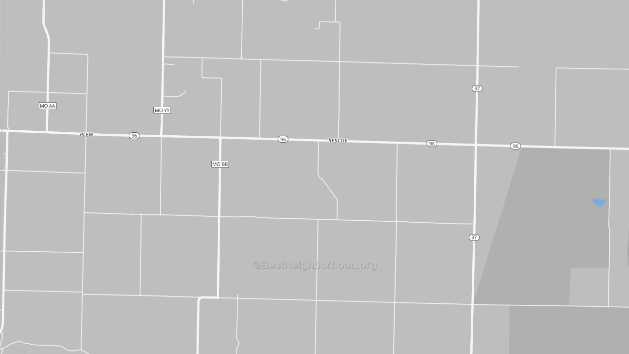 Walk Grade map of Rescue, MO, walkable areas in green and car-dependent areas in red