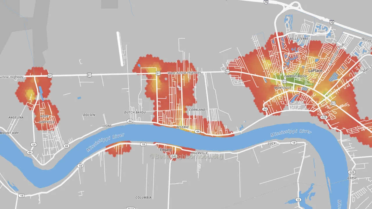 Walk Grade map of Reserve, LA, walkable areas in green and car-dependent areas in red