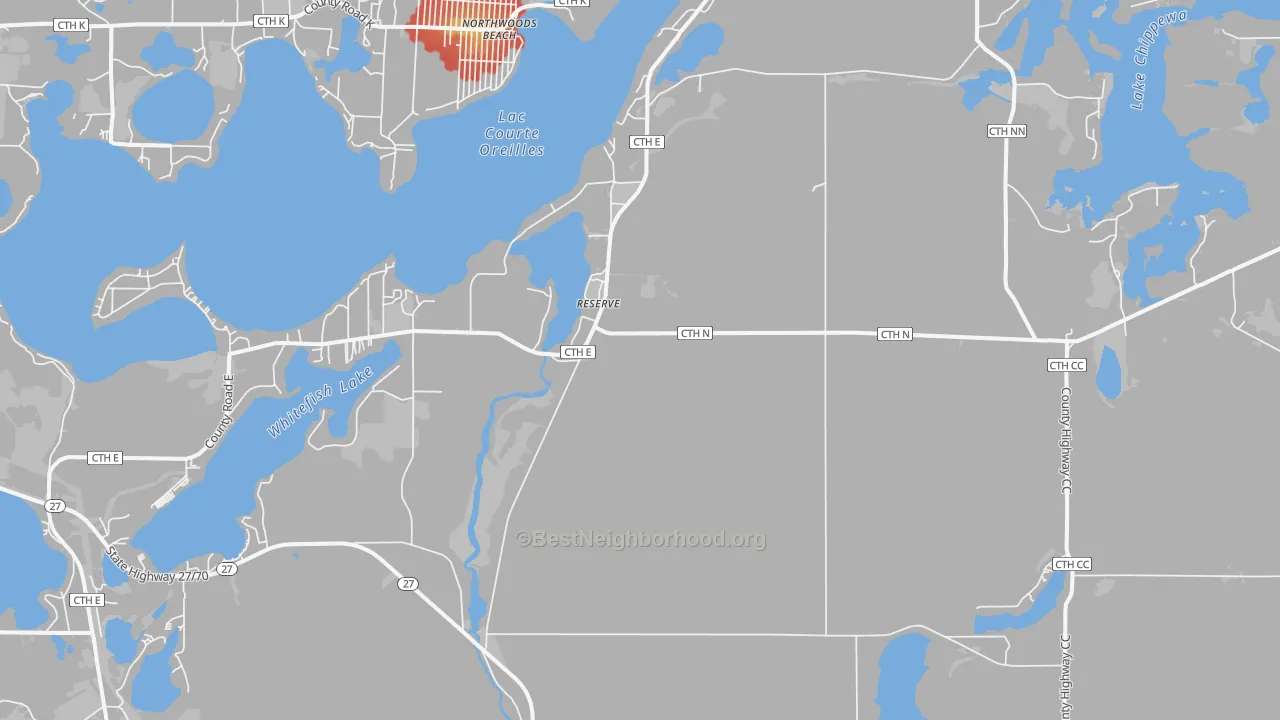 Walk Grade map of Reserve, WI, walkable areas in green and car-dependent areas in red