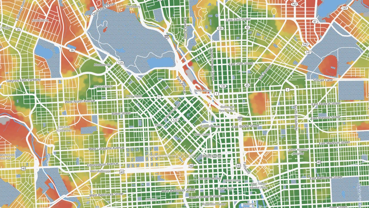 Walk Grade map of Reservoir Hill-Bolton Hill, Baltimore, MD, walkable areas in green and car-dependent areas in red
