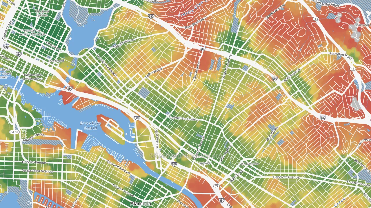 Walk Grade map of Reservoir Hills, Oakland, CA, walkable areas in green and car-dependent areas in red
