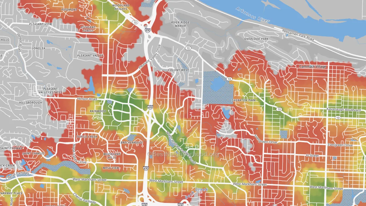 Walk Grade map of Reservoir, Little Rock, AR, walkable areas in green and car-dependent areas in red