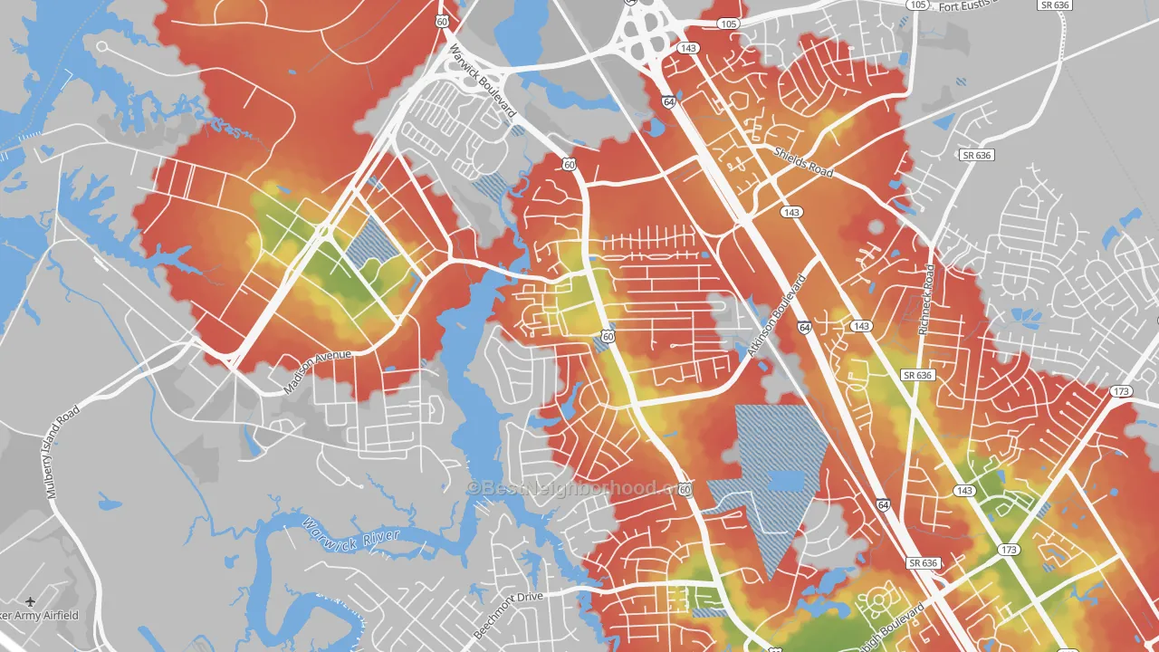 Walk Grade map of Reservoir, Newport News, VA, walkable areas in green and car-dependent areas in red