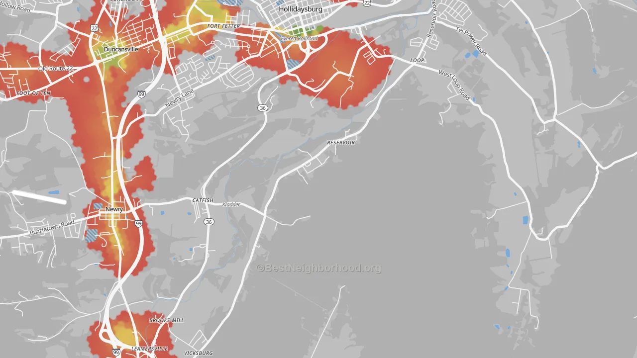 Walk Grade map of Reservoir, PA, walkable areas in green and car-dependent areas in red