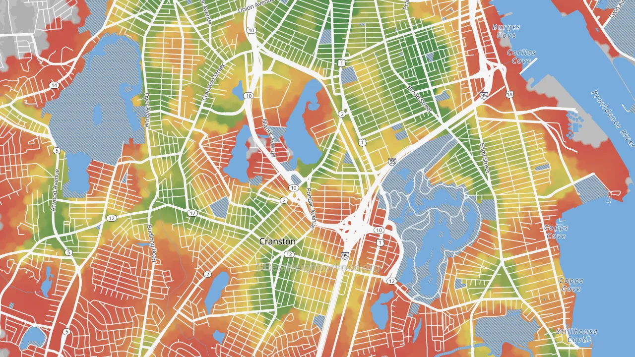 Walk Grade map of Reservoir, Providence, RI, walkable areas in green and car-dependent areas in red
