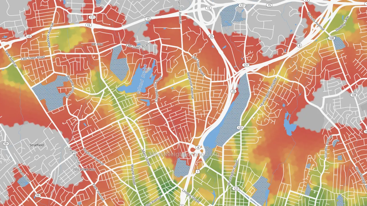 Walk Grade map of Reservoir-Whiskey Hill, Bridgeport, CT, walkable areas in green and car-dependent areas in red