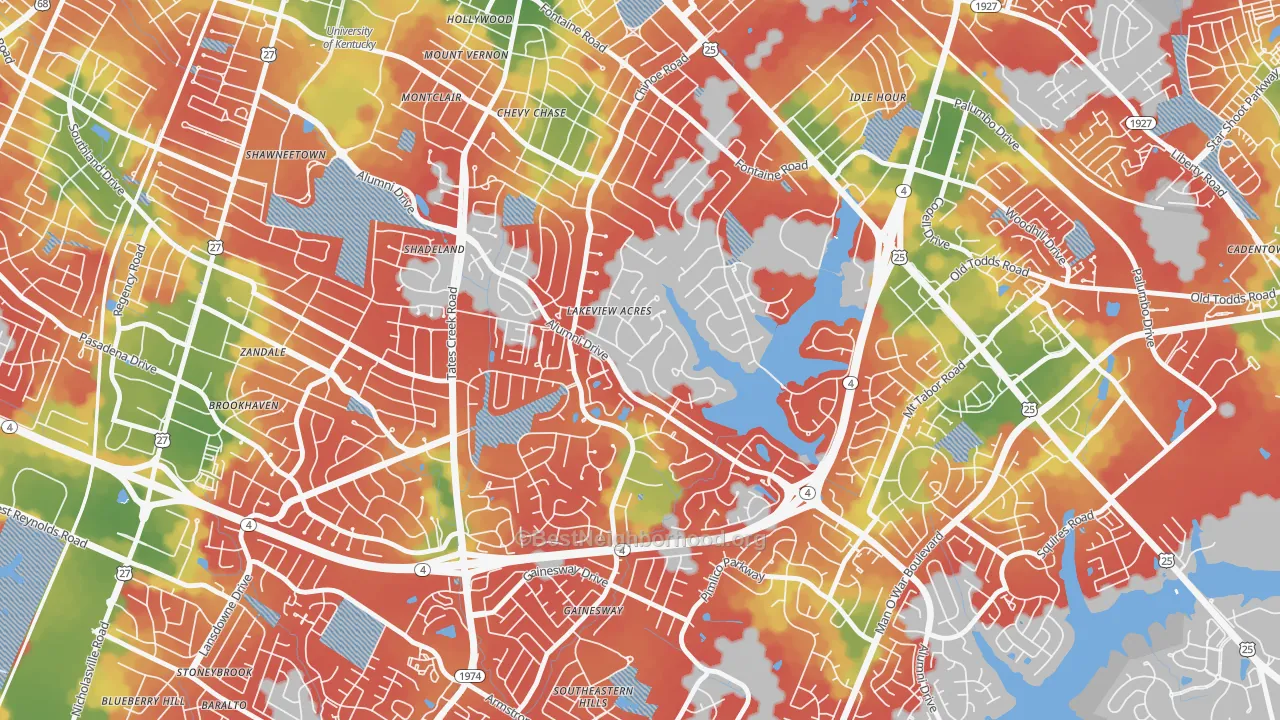 Walk Grade map of Reservorir, Lexington, KY, walkable areas in green and car-dependent areas in red