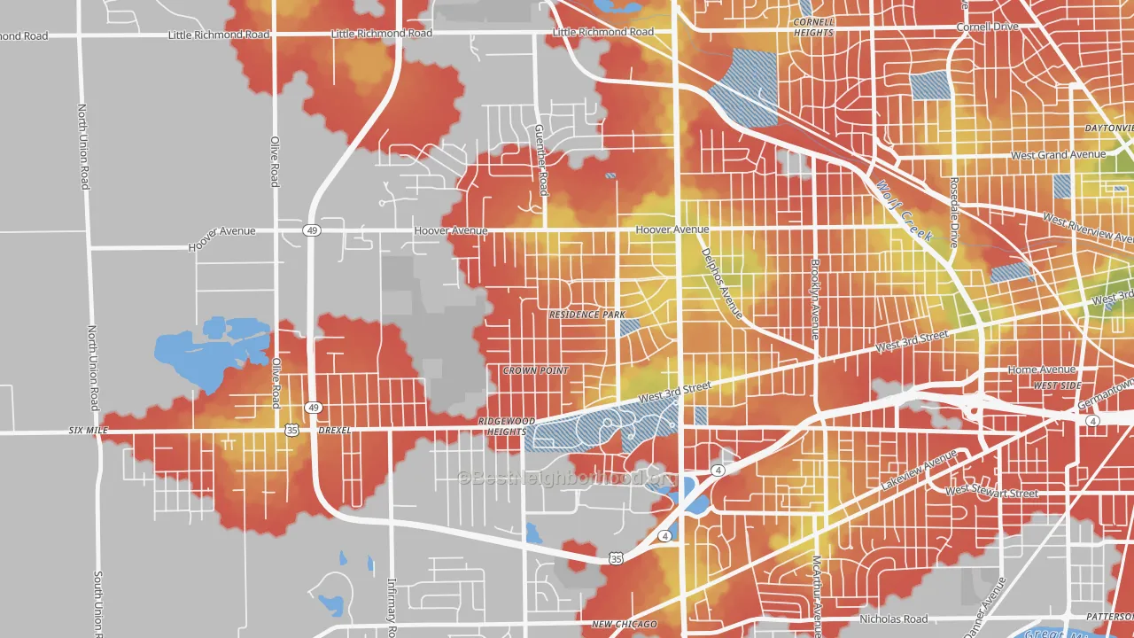Walk Grade map of Residence Park, Dayton, OH, walkable areas in green and car-dependent areas in red