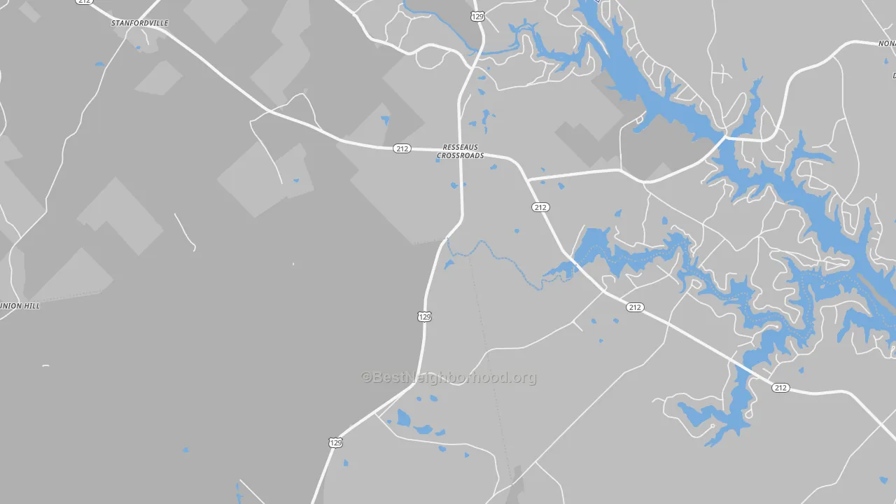 Walk Grade map of Resseaus Crossroads, GA, walkable areas in green and car-dependent areas in red