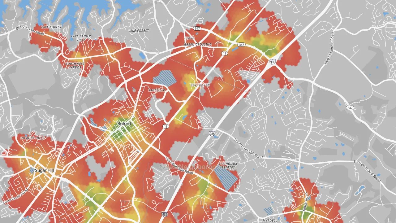 Walk Grade map of Rest Haven, GA, walkable areas in green and car-dependent areas in red