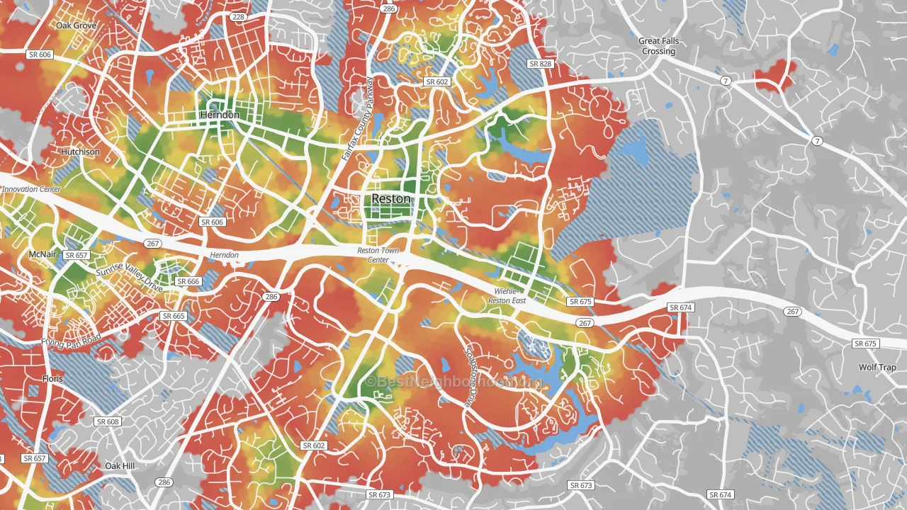 Walk Grade map of Reston, VA, walkable areas in green and car-dependent areas in red