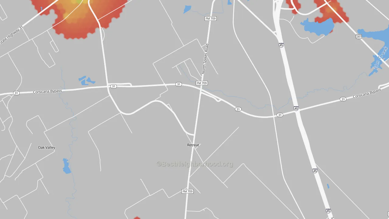 Walk Grade map of Retreat, TX, walkable areas in green and car-dependent areas in red